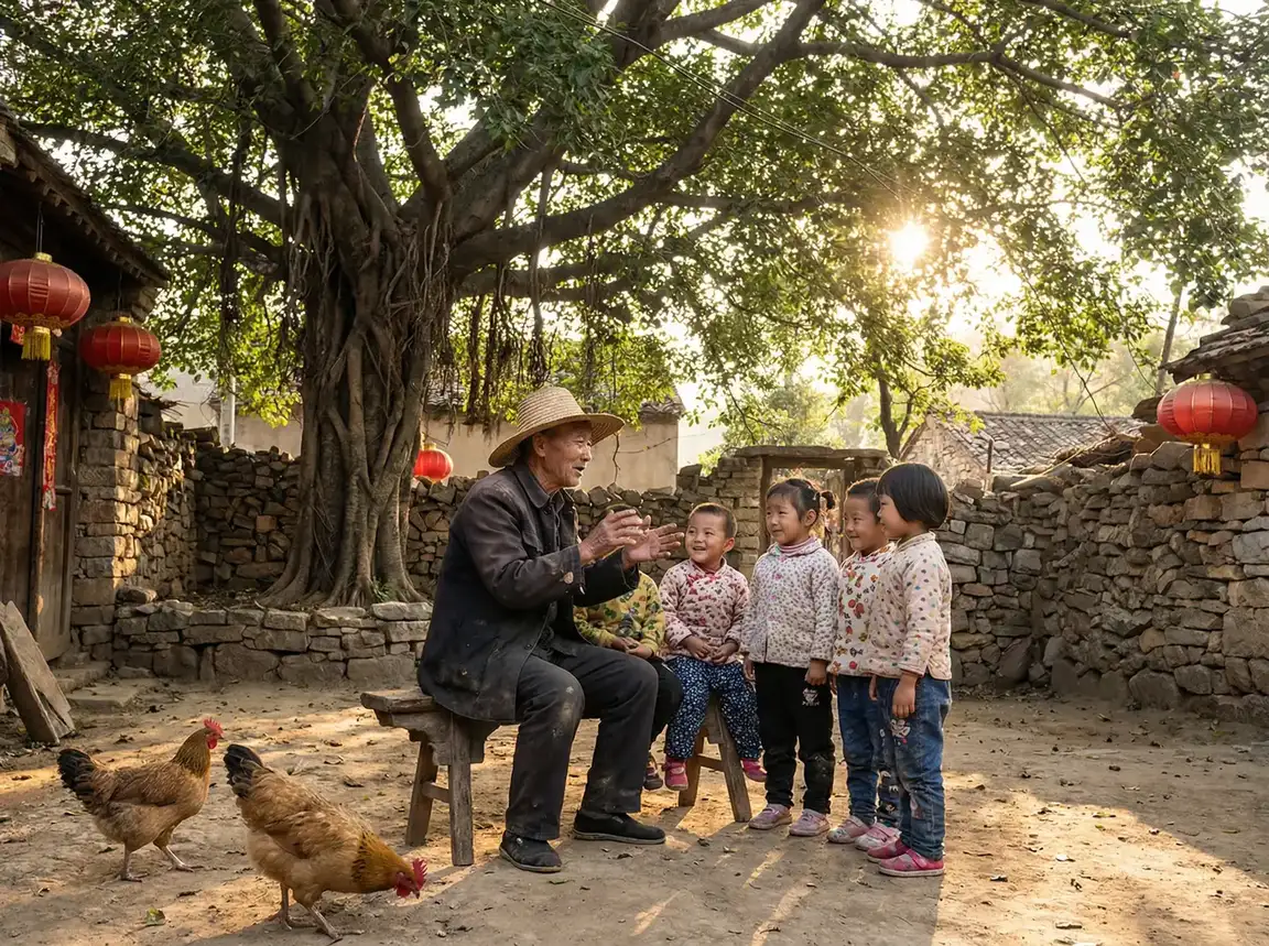 老人在大榕树下给孩子们讲故事 - huangsedongman 乡村记忆